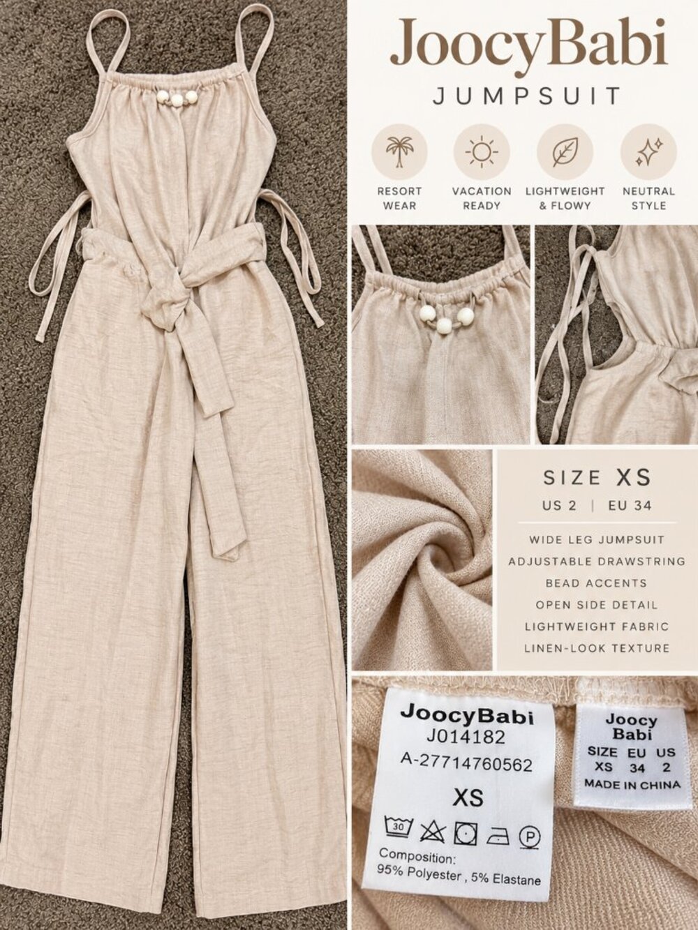 JoocyBabi Beige Wide Leg Jumpsuit XS Boho Drawstring Resort Romper